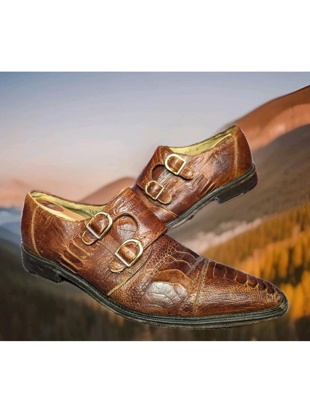 BELVEDERE Exotic Genuine Ostrich Leg Monkstrap Dress Shoes Mens 10.5 Camel Brown